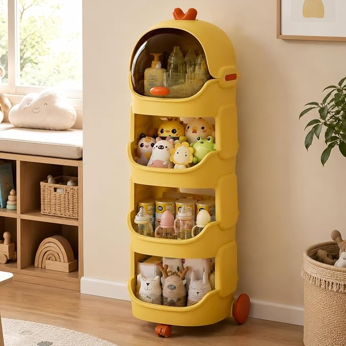 Rolling Toy Organizer with Lockable Wheels, 4-Tier Large Storage Shelf with Dustproof Top Bin, Mobile Kids Organizer for Toys, Books, Baby Essentials, Playroom, Nursery & Classroom