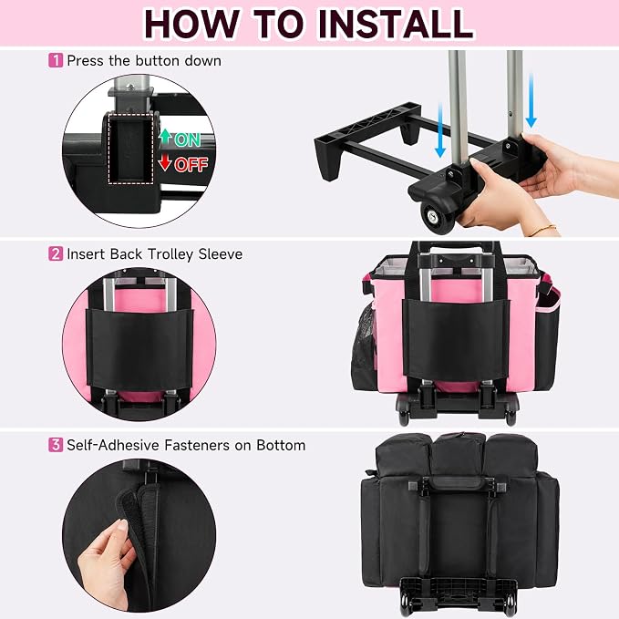 Large Rolling Cleaning Caddy Bag with Detachable Trolley,Cleaning Cart on Wheels with Shoulder Strap,Cleaning Supplies Organizer for Housekeepers,PInk