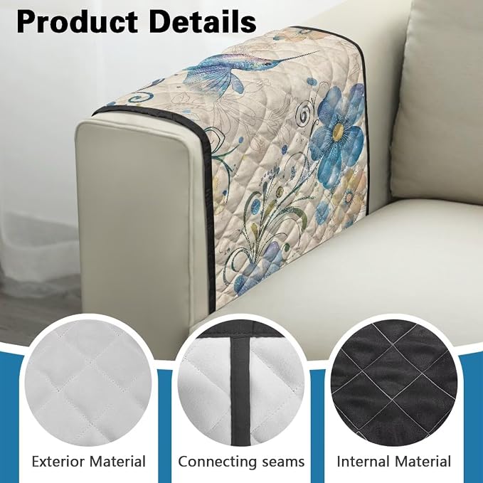 Blue Hummingbird Stretch Armrest Covers Couch Arm Cover Non-Slip Arm Rest Covers with 2 Pockets Armchair Slipcovers for Recliner Furniture Protector Home Decor
