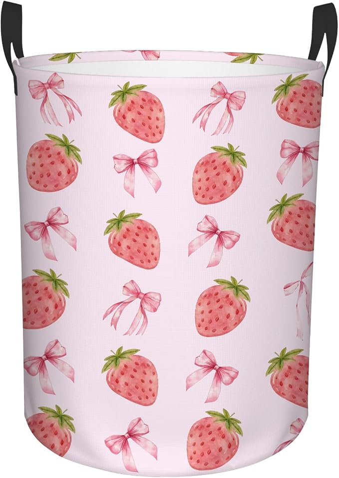 Strawberry Laundry Hamper, Waterproof Laundry Basket for Bedroom, 43L Collapsible Round Storage Bin with Handles for Toys, Storage Basket for Boys Girls, Strawberry Bathroom Decor 13.8x17.7 in
