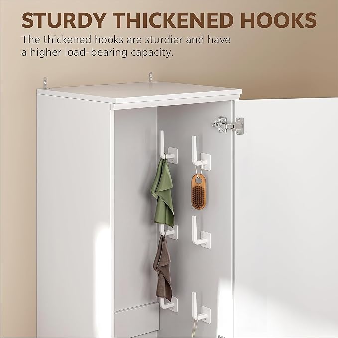 Broom Closet Storage Cabinet, 65" H Slim Utility Closet White | with Door and Shelf, Tall Vacuum Storage Cabinet with Hooks for Cleaning Tool, Broom Closet Organizer for Bathroom, Garage