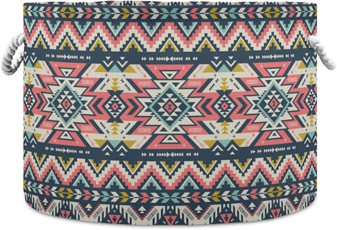 Pink Aztec Print Collapsible Round Storage Basket with Handles | Ethnic Tribal Navajo Large Laundry Baskets Hamper, Clothes Organizer Bin for Bedroom Living Room Decor, 20x 20x 14 Inches