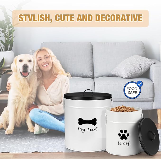DoubleFill Extra Large 23+10 lb Metal Dog Food Storage Containers, White | Airtight Dog Treat Snack Jars with Lids and Spoon, Farmhouse Style Big Pet Cookie Storage Bin for Kitchen Counter, Set of 2