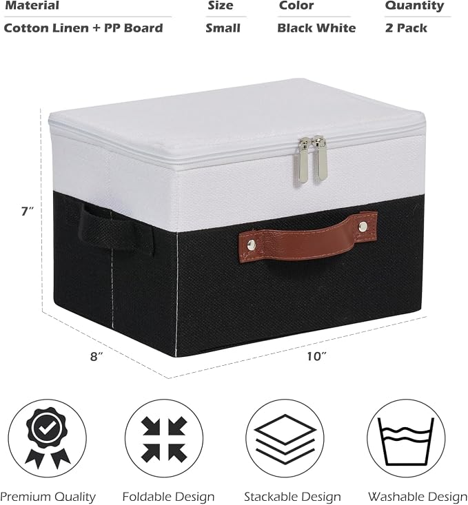 2PCS Storage Bins with Zipper Lids Decorative Lidded Basket Box | Clothes Container, Closet Shelf Organizer, Foldable Washable, Cotton Linen Fabric, w/ PU Leather Handles, Black White, Small
