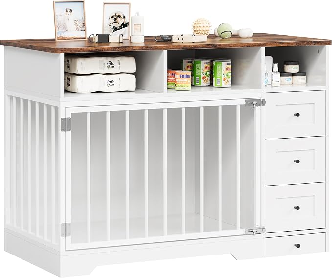 Heavy Duty Dog Crate Furniture, 48 Inch Modern Wooden Dog Kennel Indoor with Storage & 6 Drawers, Hidden Bowl, Sliding Lock End Table for Medium to Large Dogs