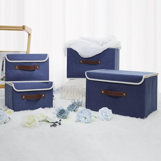 ANMINY Fabric Storage Box Bins with Lids, Blue, 13"x9"x7.9", 4 Pack | Keepsake Memory Storage, Cotton Linen, PP Board Reinforced, Washable, PU Handles, Foldable & Stackable, Decorative, Medium