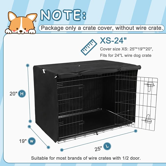 Deblue Small Dog Crate Cover Indoor for Small Wire Crate - (24“, Black) | Double Door Durable Polyester Pet Kennel Cover
