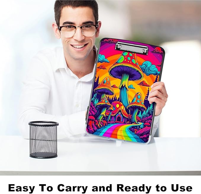 Rainbow Road Mushroom A4 Clipboard with Storage Pen Holder, Clipboards Organizer Nursing Clipboard Foldable File Folder Plastic Clipboard Folio Clip Board for Office Students Classroom