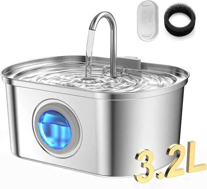 Cat Water Fountain Stainless Steel with Water Level Window,108oz/3.2L Cat Fountain Quiet Automatic Pet Water Fountain for Cats and Small Dogs