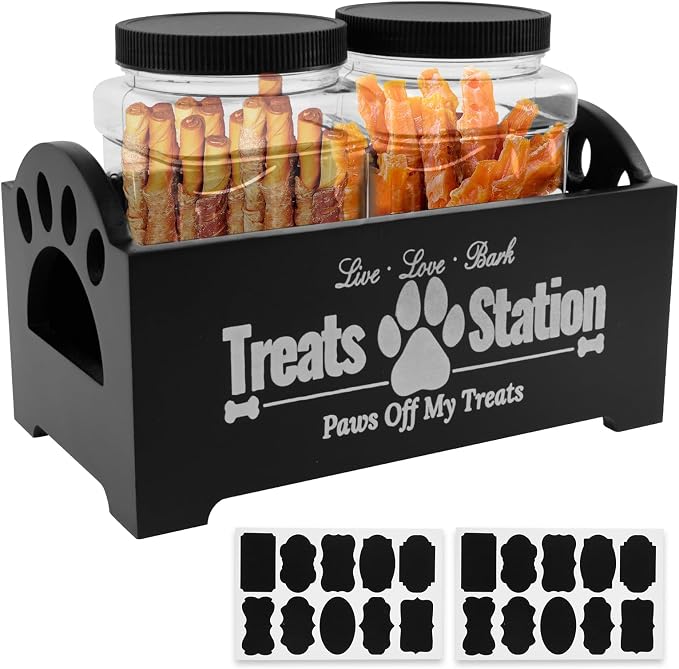 UKQRRTC Wood Dog Treat Container with Jars and Stickers Anti Deformation Space Saving Dog Treat Organizer Dog Treat Station for Countertop (Black)
