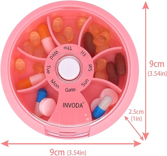 INVODA Weekly Pill Organizer 7 Compartment Rotating Pill Box for Daily | Cute Round Pill Organizer Fit purse pocket or backpack Portable Travel Pill Case for Fish Oil Supplements Vitamins Medication