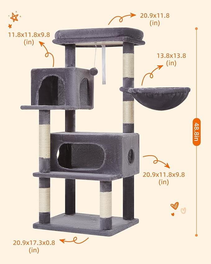 Taoqimiao Cat Tree, 49In Cat Tower for Indoor Cats Large Adult | 2 Luxurious Cat Condos, Thick Padded Top Perch, Adjustable Hanging Baskets, 5 Scratching Sisal Posts, Smoky Gray MS029LG