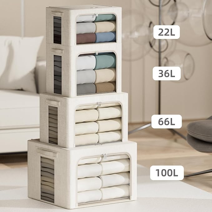 4 Pack Clothes Storage Bins with Metal Frame - 100L Stackable Storage Box with Lid，Foldable Storage Container Organizer for Clothes，Linen Fabric Storage Box with Clear Window＆Zippers＆Handles