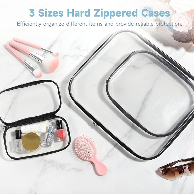 Clear Hard Shell Zipper Case 3 Pcs - Transparent Hard Pouches 3 Sizes, Double Zippered Bags, Portable Zipper Organizer Bins, Waterproof Cosmetic Makeup Bags for Snacks, Toys, Black