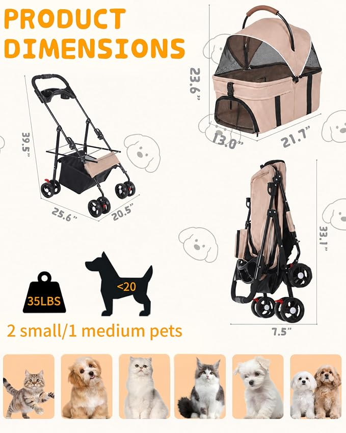 Pet Stroller, 3 in1 Foldable Dog Cat Stroller with Detachable Carrier-Khaki | 35lbs Lightweight Foldable Dog Stroller, All-Terrain 4 Wheels, Compact Travel Pet Stroller for Small to Medium Pets