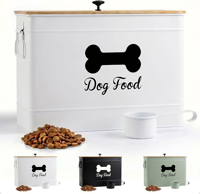 Metal Dog Food Container 15-20 lbs w/ Airtight Bamboo Lid, 70 Cup Capacity | Pet Jar For Dogs up to 100lbs, Airtight Bamboo Lid, Sturdy Comfortable Metal Handle, Powder Coated Iron, Kibble Storage Bin