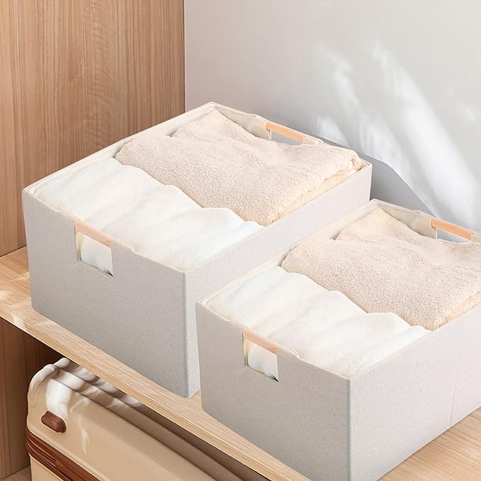 Fabric Storage Bin Box Foldable Cotton Linen Storage Basket with Wooden Handles Rectangular Cube Decorative Home Laundry Organizer Clothes Blanket Container – Beige, Medium | Medium Rectangular Cube Decorative Home Laundry Organizer Clothes Blanket Con...