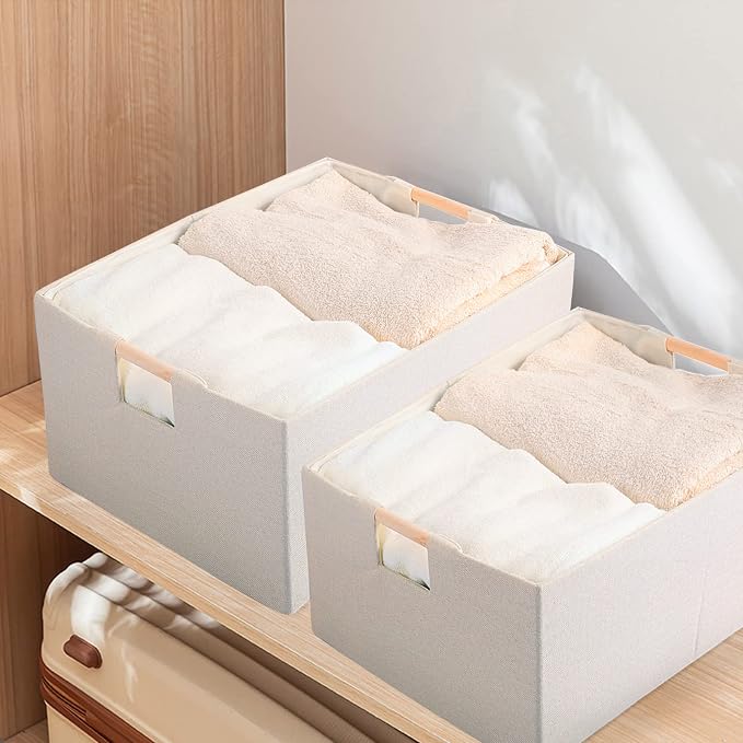Fabric Storage Box, 16x12in Foldable Cotton Linen Basket with Wooden Handle | Large Rectangular Cube Decorative Home Laundry Organizer Clothes Blanket Container Organizing Clothes Sheets Jeans, Beige