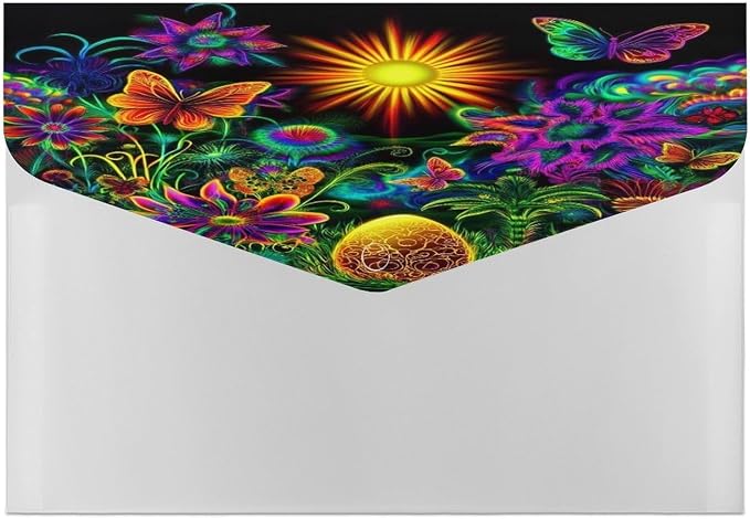Reusable Trippy Colorful Flowers Butterfly Floral Clear File Folders with Snap Button, Letter Size, Documents Folder for Home Necessities