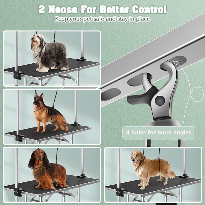 42'' Stainless Steel Pet Dog Grooming Table, Arm/Noose/Tray, Black | Foldable Dog Grooming Table for Dogs at Home, Adjustable Height Arm, Non-Slip Waterproof Tabletop, Capacity 330Lb