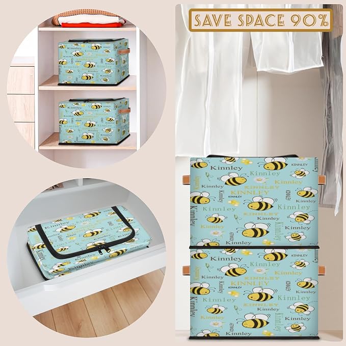 Personalized Red Storage Bins with Zipper Lid, Customized Name Storage Basket Rectangle Clothes Organizer for Kids Pets Toys Shelf Closet, Cartoon Bee with Daisy Floral Light Turquoise