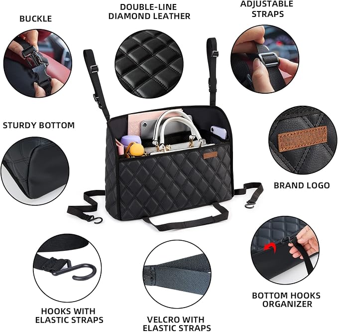 WLLWOO Car Net Pocket Organizer Purse Holder Console Front Seat Storage | Multi Pocket Car Seat Organize Bag Handbag Holder Between Seats Back Barrier