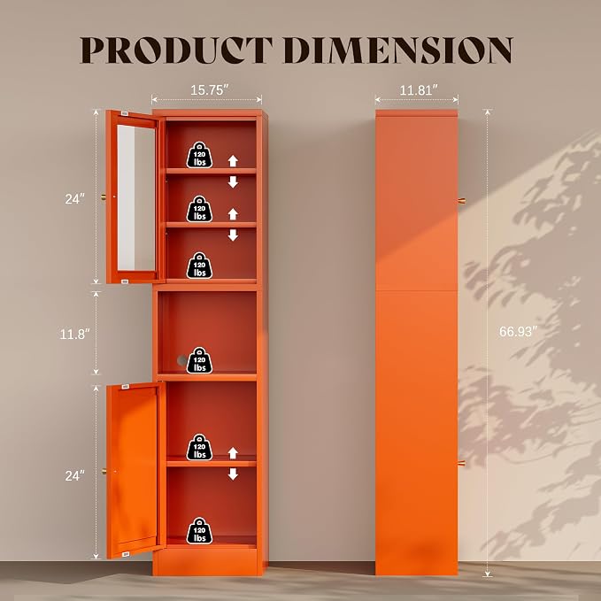 67"H Tall Narrow Bathroom Storage Cabinet, Metal Cabinet, Orange Floor Cabinet,Skinny Storage Cabinets with 4 Adjustable Shelves,Slim Tall Floor Cabinet,Thin Bathroom Storage Cabinet for Living Room