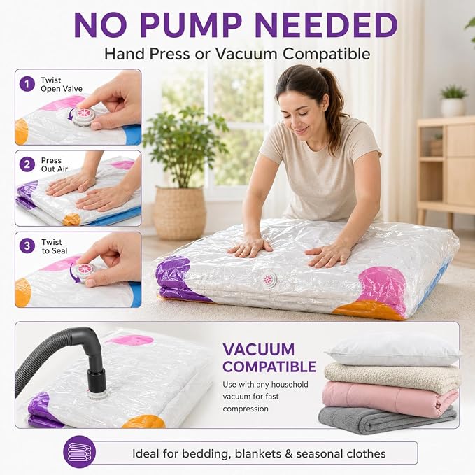 Vacuum Storage Bags, 5-Pack No-Pump 3D Cube Bags for Bedding | XXL standing compression bags for comforters, blankets and seasonal clothes; hand-press or vacuum compatible