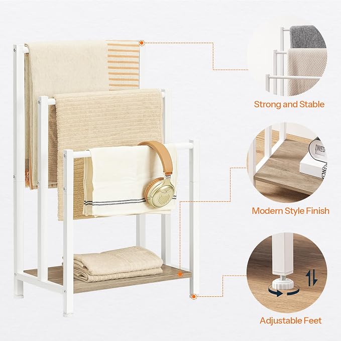 HOOBRO Free Standing Towel Rack, 3 Tier Blanket Rack, Blanket Holder for Bathroom, 16.9" L x 11" W x 31.9" H, Industrial Metal Drying and Display Rack with Shelf, White and Grey WG03LB01