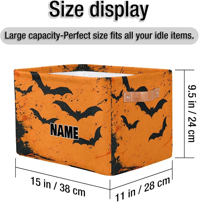 Personalized Storage Bins for Boys, Customized Name Watercolor Ink Orange Black Bat Storage Basket Rectangle Clothes Organizer for Organizing Kids and Pets Toys Shelf Closet