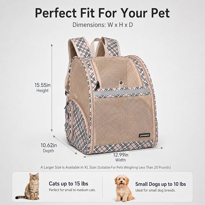 Cat Backpack Carrier for Small Dogs and Medium cat Puppy Kitten Bunny Pet Carrier Backpack Collapsible with Fully Ventilated Mesh with Safety Leash (Khaki, 12.9" L x 10.62" W x 15.5" H - M)