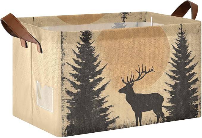 Rustic Sunset Forest Deer Vintage Storage Basket Foldable Cube Storage Bins with Handles&Label Collapsible Organizer Box Bin Large Rectangle Decorative Baskets for Shelves Home Living Room Closet