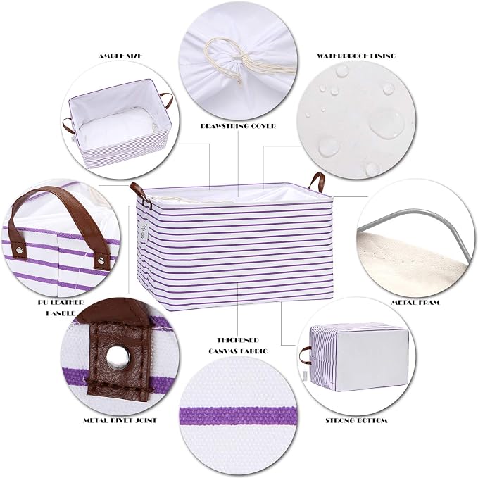 Hinwo 70L Extra Large Canvas Storage Bin with Lid and Handles | Collapsible Fabric Basket, Closet Shelf Organizer, Container for Clothing, Blankets, Toys, Bedding (Purple Stripe)