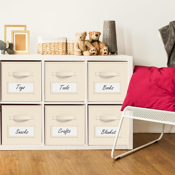 Teenyyou 10 Pack Fabric Storage Cubes 11 Inch Collapsible Cube Bins with Label Window & Handle Foldable Organizers Baskets for Shelf Closet Nursery Kids Room Clothes Book Toy(Beige)