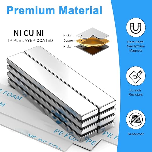 Rare Earth Neodymium Magnets with Double Sided Adhesive, 60x10x3 mm, 8 Pack | Heavy Duty Strong Magnets, Rectangular Bar Magnets Strip for Fridge Kitchen Garage Office Science Craft, Silver