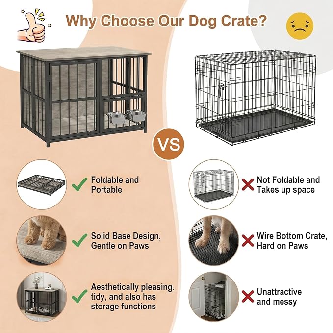 Hadulcet 27'' Foldable Dog Crate Furniture, Small Dog Kennel with 2 Bowls | Wooden Crate Table with Storage Top, Furniture Style Indoor Kennel for Small to Medium Dogs with Rotating Food Door, Gray