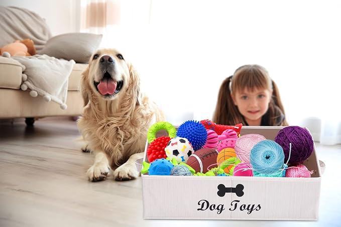 Geyecete Large dog toy bin dog toy box storage box - Foldable Fabric Trapezoid Organizer Boxes with Handle, Collapsible Basket for Dog Toys (Beige-DOG) | Foldable Fabric Trapezoid Organizer Boxes with Handle, Collapsible Basket for Dog