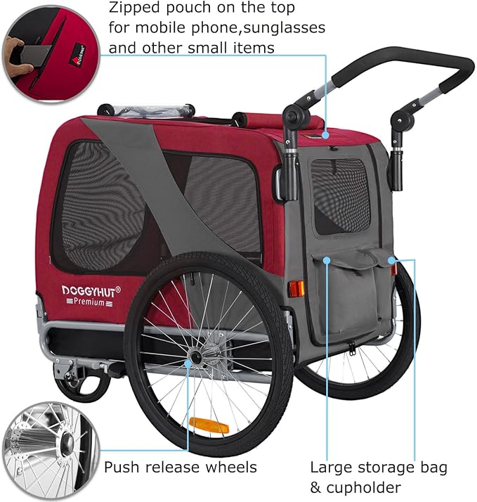 DOGGYHUT® Premium Large Pet Bike Trailer & Stroller Up to 77 lbs (Red) | Bicycle Trailer for Small Medium or Large Dogs, Dog Bicycle Carrier, Low Center of Gravity, Folding Frame Cart