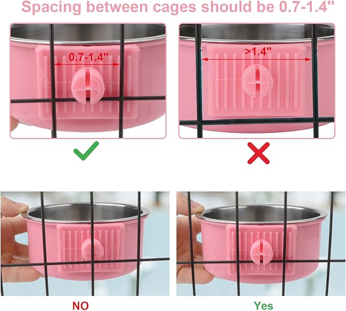 Hypeety Dog Crate Water Bowl No Spill - Hanging Attachable Pet Bowls for Kennel Durable Stainless Steel Food Water Dishes for Small Dogs Cats Rabbits Parrots with Non-Slip Base (Pink)