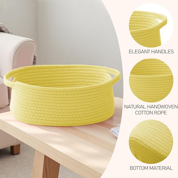 JMvicyroam Small Woven Basket, Empty Gift Basket, Yellow/3 Pack | Small Gift Basket, Cotton Rope, 12 x 8 x 41 in, Handles, Includes Ribbon and Bag, Birthday Gift Basket