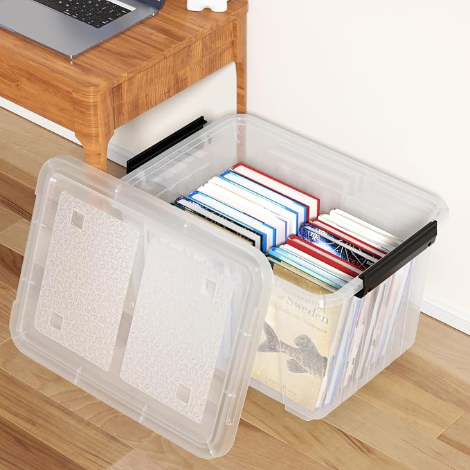 4-Pack 50 Quart Plastic Storage Bin, Stackable Wheeled Box, Clear | Box Organizing Container with Lid and Secure Latching Buckles, Stackable Rolling Storage Boxes, Clear See-Through