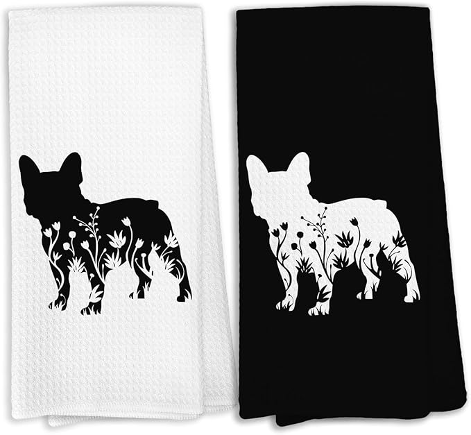 Black and White Pug Flower Kitchen Towels,Pug Weiner Dog Lover Gifts for Women Mom Dish Towels for Kitchen,Weiner Dog Hand Towel Decorative Set for 2
