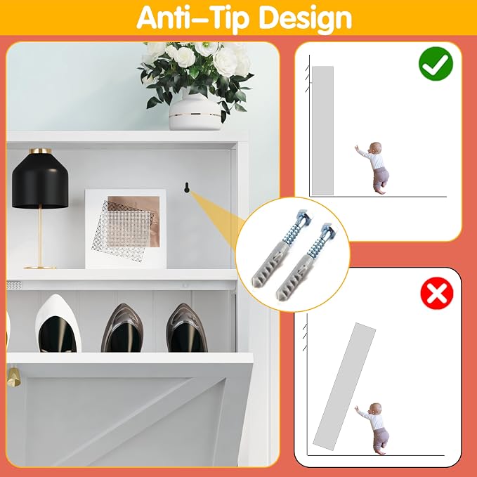 Shoe Cabinet with 2 Flip Drawers, Narrow Shoe Storage Cabinet, Farmhouse Shoe Organizer, Freestanding Organizer with Metal Legs for Entryway, Foyer (White, 2 Door)