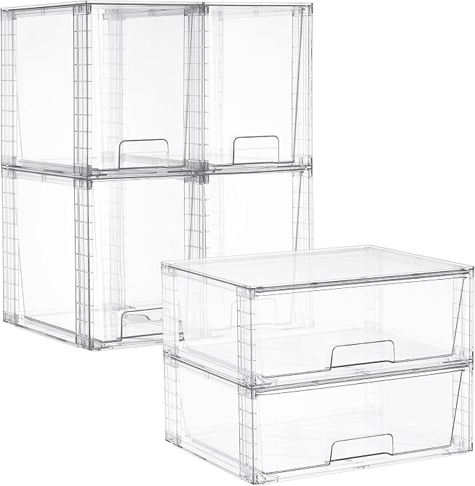 Vtopmart Clear Stackable Storage Drawers, 6 Pack Wide Tall Set | Wide and Tall Pull-Out PET Drawers with Stackable Design for Maximizing Space in Cabinets, Closets, Pantry
