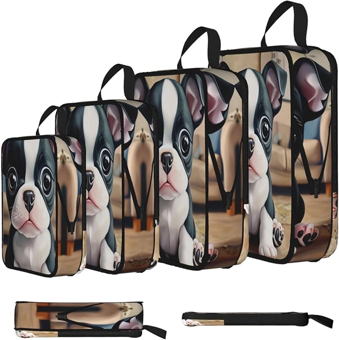 Boston Terrier Compression Packing Cubes Set Of 4, Lightweight Expandable Travel Organizer Bags With Double Zipper For Vacation Business