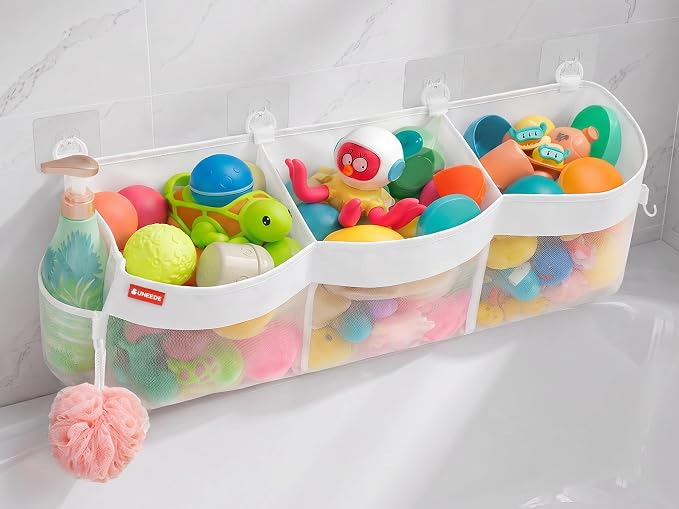 UNEEDE 4.95 Gallons 3 Compartment Horizontal Bath Toy Storage | Extra Large Capacity,Mesh Quick Dry Bathtub Storage and Organizer,Easy Access Baby Bath Toy Holder Shower Caddy