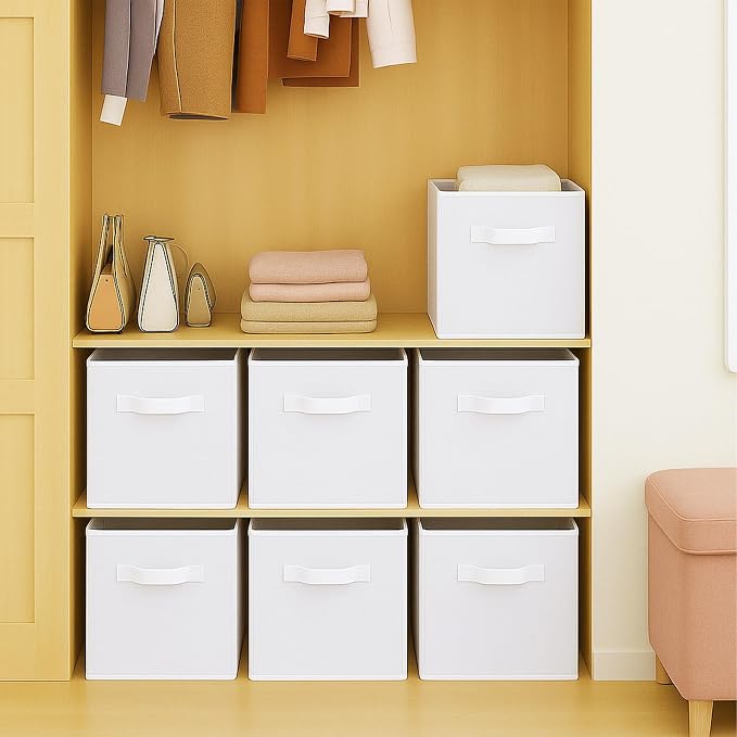 PowerKing Collapsible Storage Cubes, Farbic Storage Bins, White, 6 Pack | Sturdy, Lightweight, Easy Pull Handle, Closet & Shelf Organizer, Clothes and Toys Storage, 10.5'' x 11'' x 10.5''