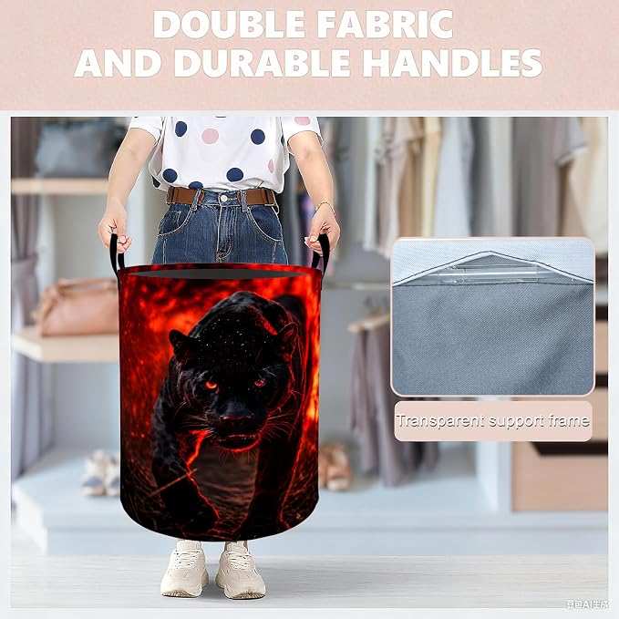Black Panther Laundry Basket Hamper 19.7"x15.8", Organizer Bins Gifts for Women Men Adults, Fierce Wild Cat Foldable Waterproof Oxford Clothes Storage Bucket for Bedroom Bathroom Decor