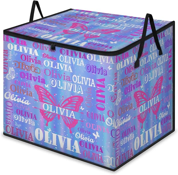 Custom Comforters Storage Basket with Lid, Personalized Name Butterflies Large Organizer Bin for Pet/Children Toys, Clothes, Perfect for Rooms/Playroom, Gradient Blue Stripes with Stars