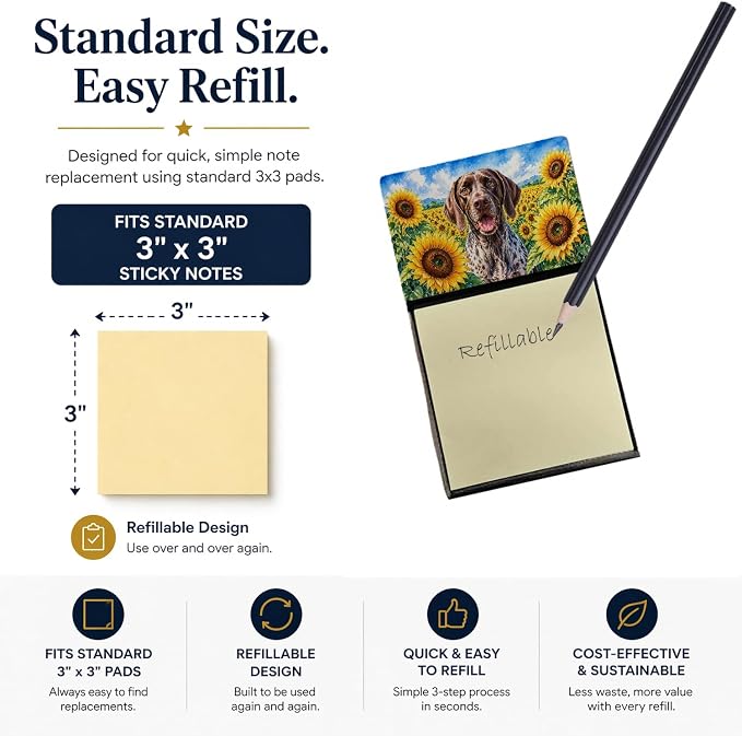 Caroline's Treasures German Shorthaired Pointer in Sunflowers Watercolor Sticky Note Holder Refillable Dispenser Desk Accessory 3x3 Pad Gift